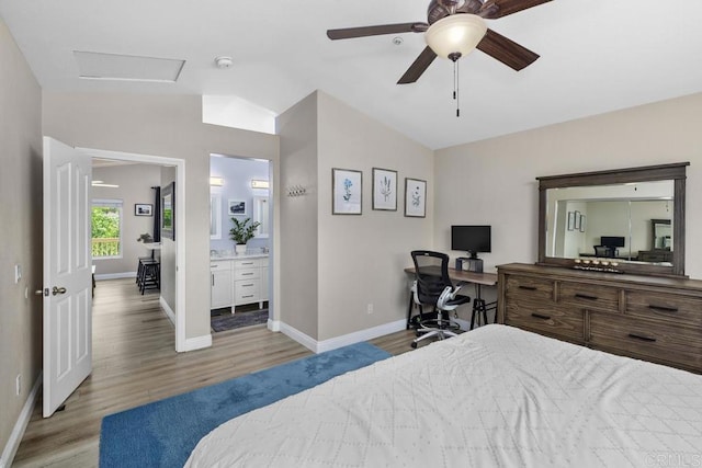 150 Rock Glen Way, Santee, CA 92071 - bedroom with an office area, vaulted ceiling, light wood-type flooring, baseboards, and attic access