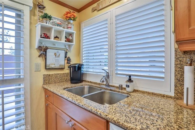 9793 Louise Way, Rancho Cucamonga, CA 91730 - kitchen featuring a sink, crown molding, light stone counters, brown cabinetry, and open shelves