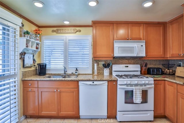 9793 Louise Way, Rancho Cucamonga, CA 91730 - kitchen featuring white appliances, a sink, ornamental molding, brown cabinetry, and light stone countertops