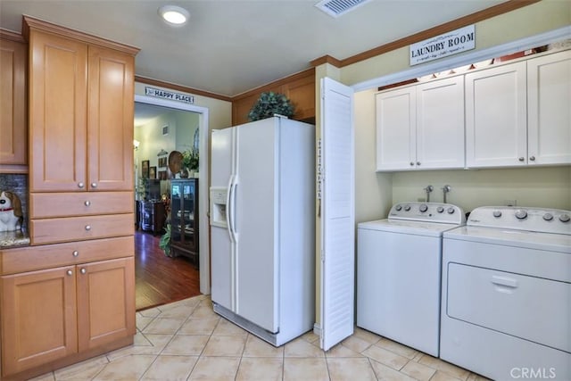 9793 Louise Way, Rancho Cucamonga, CA 91730 - laundry room featuring washer and dryer, cabinet space, ornamental molding, light tile patterned floors, and recessed lighting