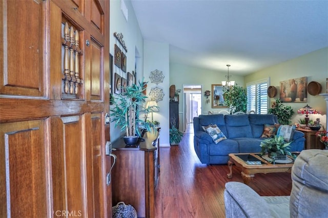 9793 Louise Way, Rancho Cucamonga, CA 91730 - living room featuring dark wood-style floors, a chandelier, and lofted ceiling