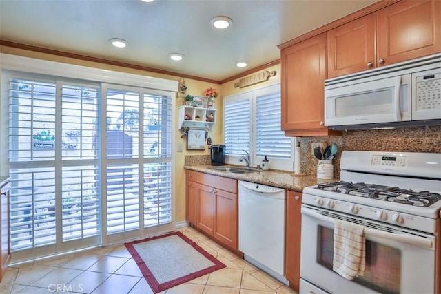 9793 Louise Way, Rancho Cucamonga, CA 91730 - kitchen featuring white appliances, a sink, healthy amount of natural light, crown molding, and light tile patterned flooring