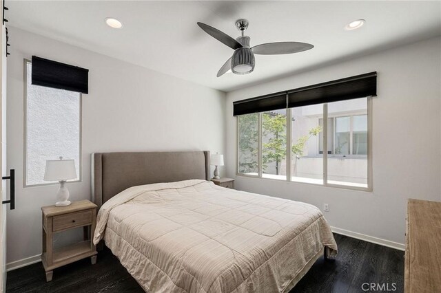 5515 Palm Dr, Hawthorne, CA 90250 - bedroom with dark wood-type flooring, recessed lighting, baseboards, and a ceiling fan