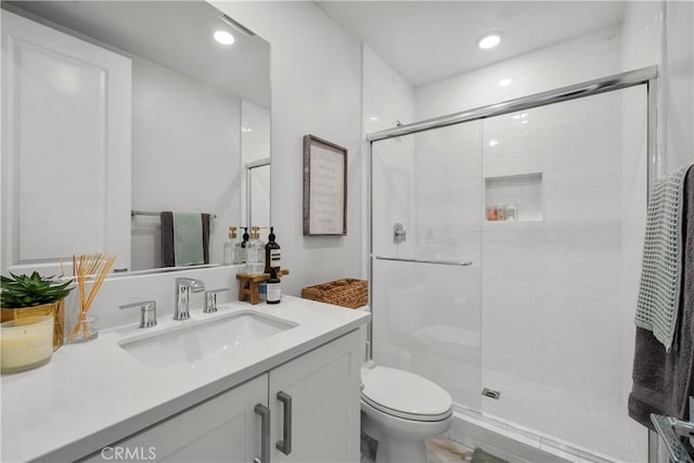27010 Declaration Rd, Valencia, CA 91381 - full bath with toilet, vanity, a shower stall, and recessed lighting