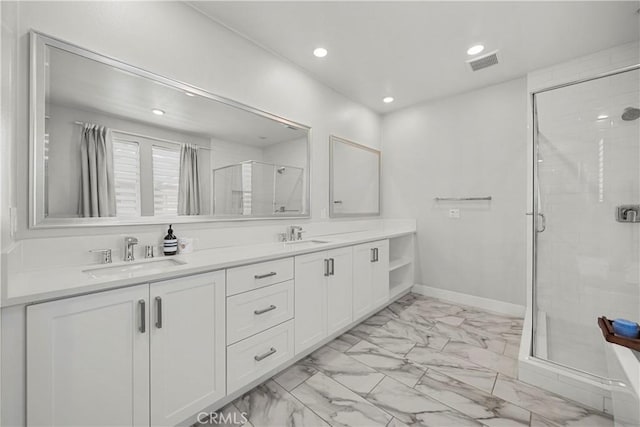 27010 Declaration Rd, Valencia, CA 91381 - full bath with marble look tiles, double vanity, a stall shower, and recessed lighting