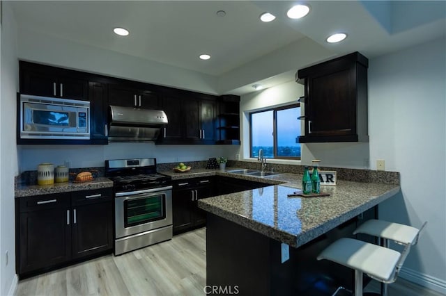 600 N Atlantic Blvd Unit 625, Monterey Park, CA 91754 - kitchen featuring appliances with stainless steel finishes, a sink, under cabinet range hood, a peninsula, and a kitchen bar