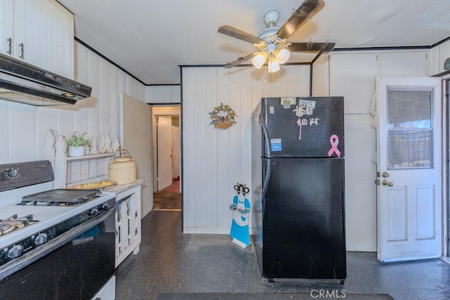 12845 7th, Chino, CA 91710 - kitchen with gas stove, freestanding refrigerator, a ceiling fan, and exhaust hood