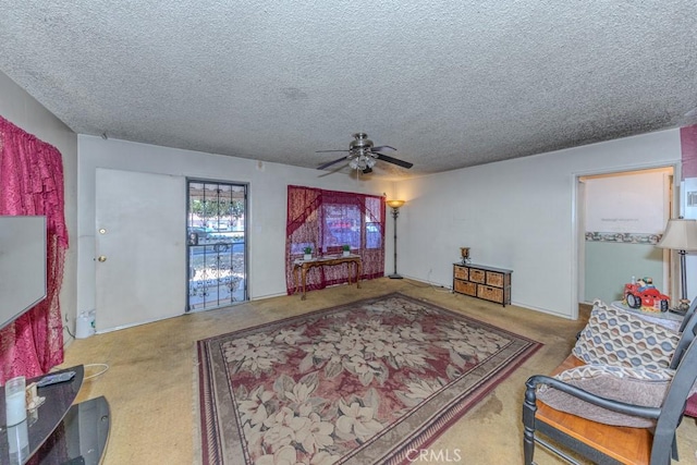 12845 7th, Chino, CA 91710 - carpeted living room featuring a textured ceiling and ceiling fan