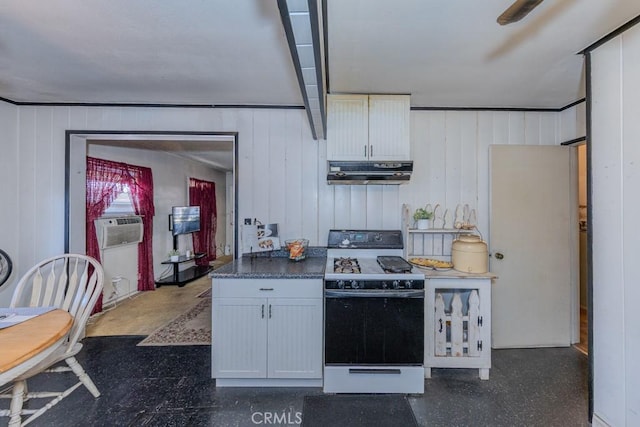 12845 7th, Chino, CA 91710 - kitchen with white range with gas cooktop, exhaust hood, dark countertops, cooling unit, and wood walls