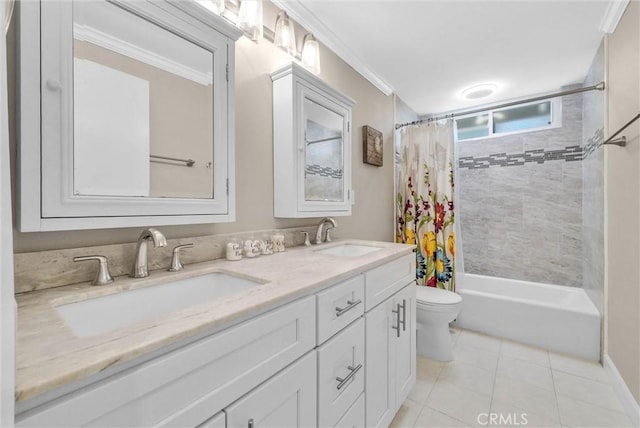 737 Cobb Ave, Placentia, CA 92870 - bathroom featuring toilet, double vanity, tile patterned floors, shower / bathtub combination with curtain, and ornamental molding