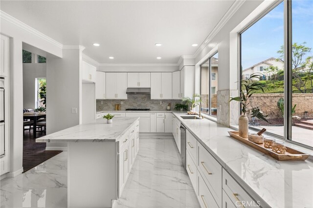 16209 Eagleridge Ct, La Mirada, CA 90638 - kitchen with under cabinet range hood, a sink, dishwasher, tasteful backsplash, and light stone countertops