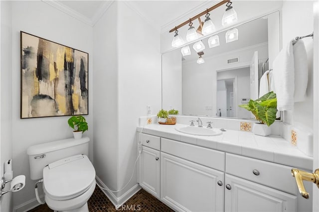 26 Middleton, Irvine, CA 92620 - bathroom with baseboards, vanity, toilet, crown molding, and tile patterned floors