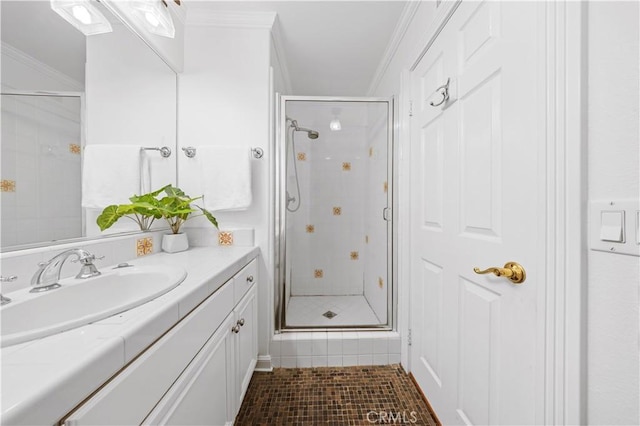 26 Middleton, Irvine, CA 92620 - full bath with a stall shower, vanity, tile patterned floors, and crown molding