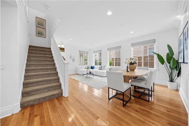 26 Middleton, Irvine, CA 92620 - dining space with stairs, light wood-style floors, recessed lighting, and baseboards