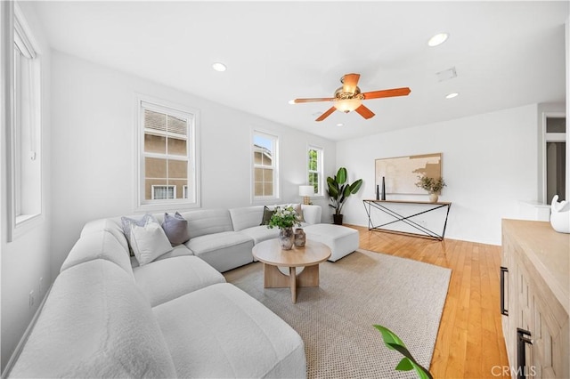 26 Middleton, Irvine, CA 92620 - living room with recessed lighting, light wood-style flooring, and ceiling fan