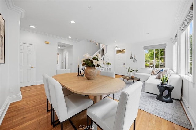 26 Middleton, Irvine, CA 92620 - dining space featuring stairway, ornamental molding, light wood-style floors, recessed lighting, and baseboards