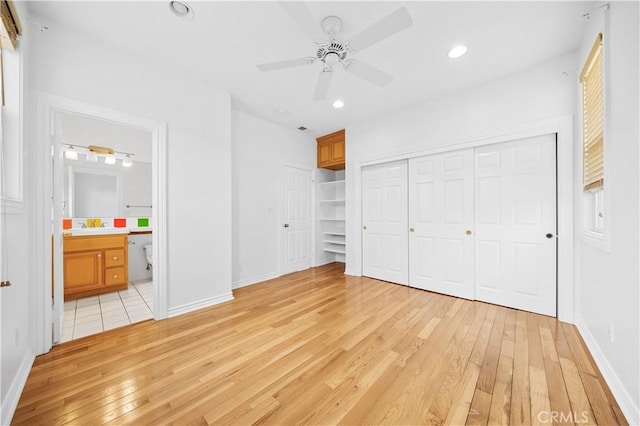26 Middleton, Irvine, CA 92620 - unfurnished bedroom featuring light wood-style floors, baseboards, recessed lighting, connected bathroom, and a ceiling fan