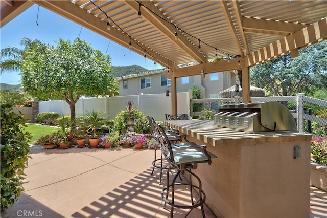 42926 Joshua Tree Ct, Murrieta, CA 92562 - fenced backyard with exterior bar, a pergola, area for grilling, and a patio