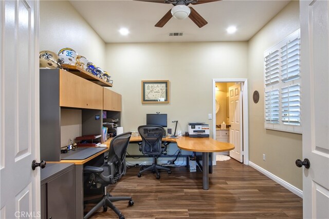 42926 Joshua Tree Ct, Murrieta, CA 92562 - office space featuring ceiling fan, dark wood-style floors, baseboards, and recessed lighting