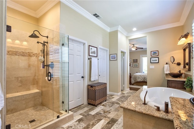 42926 Joshua Tree Ct, Murrieta, CA 92562 - ensuite bathroom featuring a stall shower, a garden tub, a ceiling fan, vanity, and crown molding