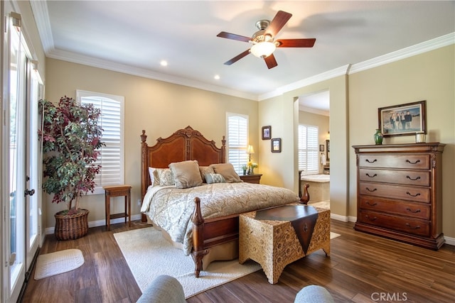 42926 Joshua Tree Ct, Murrieta, CA 92562 - bedroom with crown molding, dark wood-type flooring, baseboards, ceiling fan, and recessed lighting
