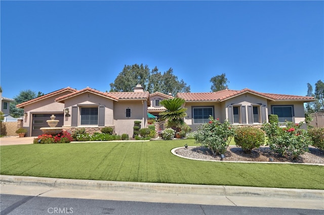 42926 Joshua Tree Ct, Murrieta, CA 92562 - mediterranean / spanish house with stucco siding, a tile roof, a chimney, and a garage