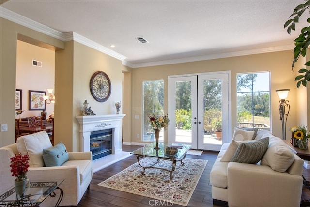 42926 Joshua Tree Ct, Murrieta, CA 92562 - living area with crown molding, dark wood-style flooring, french doors, baseboards, and a chandelier