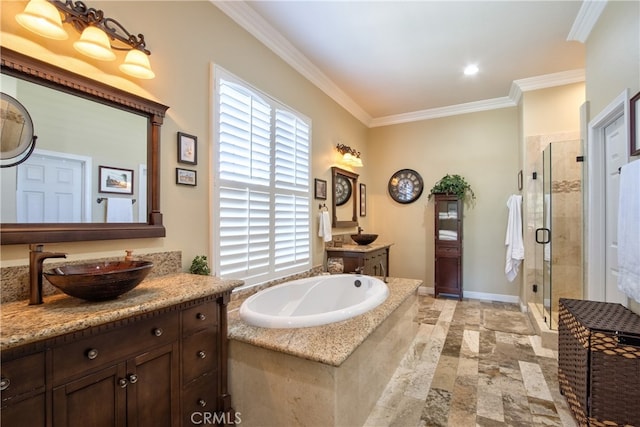 42926 Joshua Tree Ct, Murrieta, CA 92562 - bathroom with stone tile flooring, ornamental molding, a shower stall, two vanities, and a garden tub