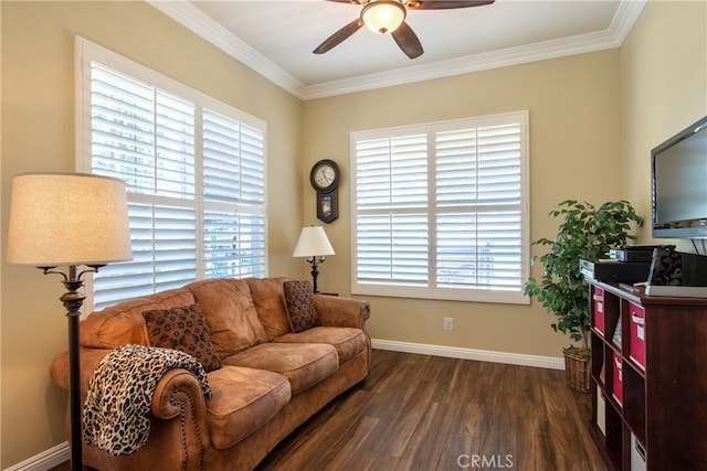 42926 Joshua Tree Ct, Murrieta, CA 92562 - living area featuring dark wood-type flooring, a ceiling fan, crown molding, and baseboards