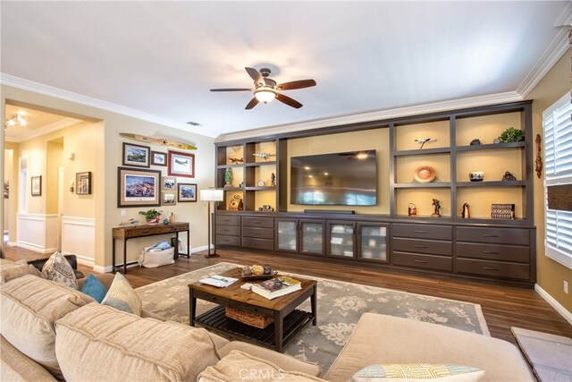 42926 Joshua Tree Ct, Murrieta, CA 92562 - living room with ceiling fan, crown molding, dark wood finished floors, and plenty of natural light