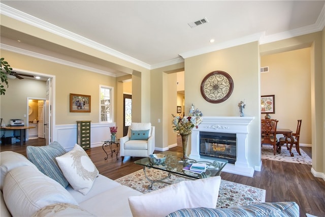 42926 Joshua Tree Ct, Murrieta, CA 92562 - living area with wood finished floors, ornamental molding, baseboards, and a glass covered fireplace