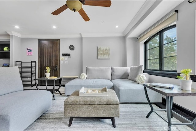 155 Cordova St Unit 203, Pasadena, CA 91105 - living room with ornamental molding, ceiling fan, and recessed lighting