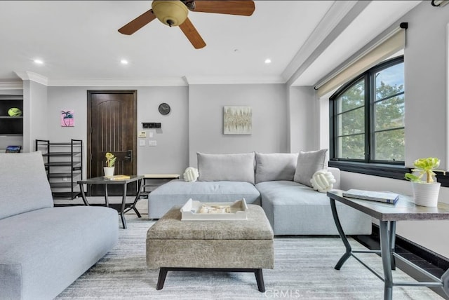 155 Cordova St Unit 203, Pasadena, CA 91105 - living area with crown molding, ceiling fan, and recessed lighting