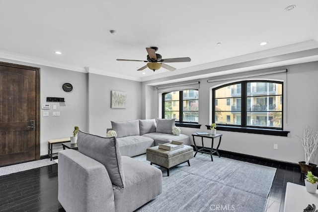 155 Cordova St Unit 203, Pasadena, CA 91105 - living area featuring wood finished floors, a ceiling fan, recessed lighting, and crown molding