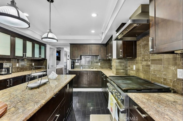 155 Cordova St Unit 203, Pasadena, CA 91105 - kitchen with stainless steel range oven, wall chimney range hood, decorative backsplash, light stone countertops, and ornamental molding