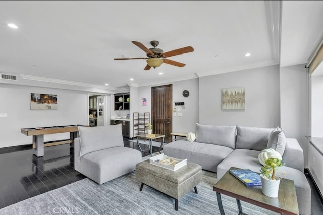 155 Cordova St Unit 203, Pasadena, CA 91105 - living room with recessed lighting, a ceiling fan, ornamental molding, and wood finished floors
