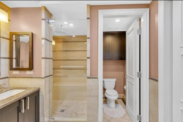 155 Cordova St Unit 203, Pasadena, CA 91105 - full bathroom with a stall shower, vanity, recessed lighting, and tile patterned flooring