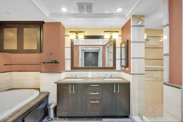 155 Cordova St Unit 203, Pasadena, CA 91105 - bathroom with a tray ceiling, a garden tub, tiled shower, double vanity, and crown molding