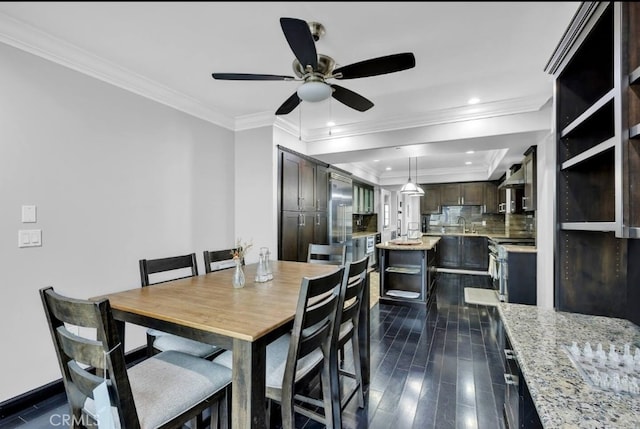 155 Cordova St Unit 203, Pasadena, CA 91105 - dining area with ceiling fan, ornamental molding, recessed lighting, and dark wood-style flooring