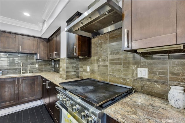 155 Cordova St Unit 203, Pasadena, CA 91105 - kitchen featuring gas stove, range hood, ornamental molding, light stone counters, and tasteful backsplash