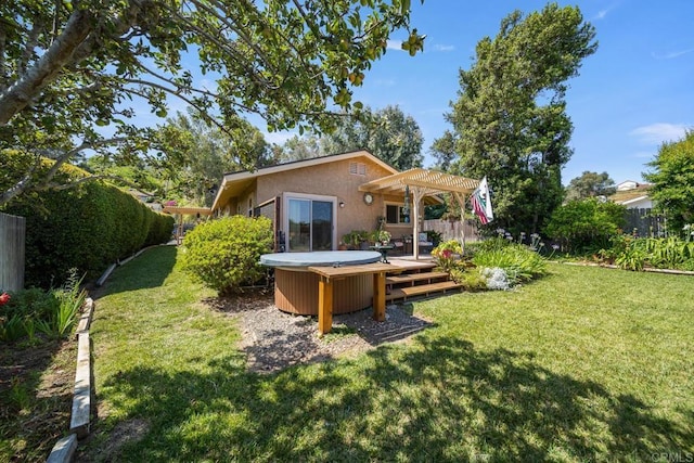 905 Discovery St, San Marcos, CA 92078 - view of yard featuring a pergola, a hot tub, and a wooden deck