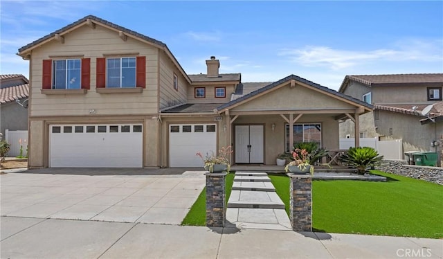 27051 Featherhill Dr, Corona, CA 92883 - view of front of property with concrete driveway, a garage, a front lawn, and covered porch