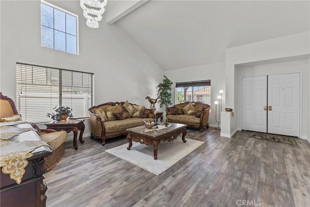 27051 Featherhill Dr, Corona, CA 92883 - living room featuring high vaulted ceiling, wood finished floors, a chandelier, baseboards, and beamed ceiling