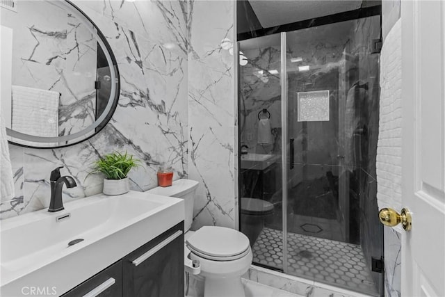 27051 Featherhill Dr, Corona, CA 92883 - full bathroom featuring marble finish flooring, toilet, vanity, tile walls, and a marble finish shower