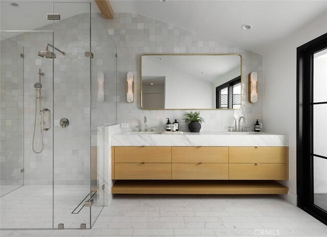 1936 Galaxy Dr, Newport Beach, CA 92660 - bathroom with lofted ceiling, double vanity, a shower stall, and backsplash