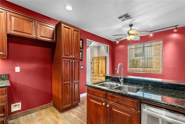 19539 Laroda, Saugus, CA 91350 - kitchen featuring dishwasher, a sink, light wood-type flooring, ceiling fan, and dark stone countertops