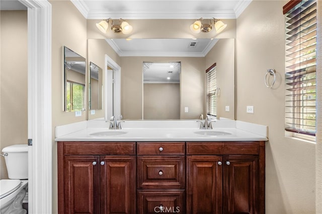 19539 Laroda, Saugus, CA 91350 - bathroom with toilet, double vanity, and ornamental molding
