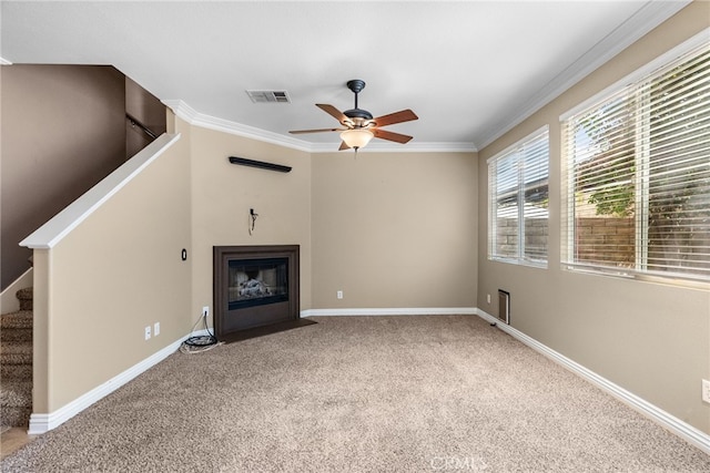 19539 Laroda, Saugus, CA 91350 - unfurnished living room featuring carpet floors, a fireplace with flush hearth, ceiling fan, ornamental molding, and stairway