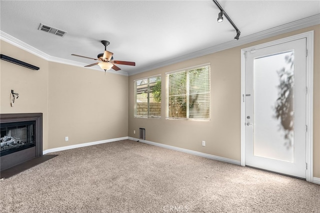 19539 Laroda, Saugus, CA 91350 - unfurnished living room featuring carpet floors, a ceiling fan, crown molding, a fireplace with flush hearth, and baseboards