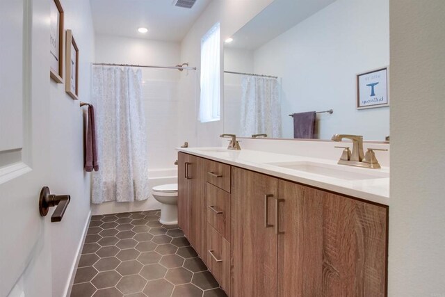 35140 Bergamot, Fallbrook, CA 92028 - full bathroom featuring double vanity, shower / bathtub combination with curtain, tile patterned flooring, and recessed lighting